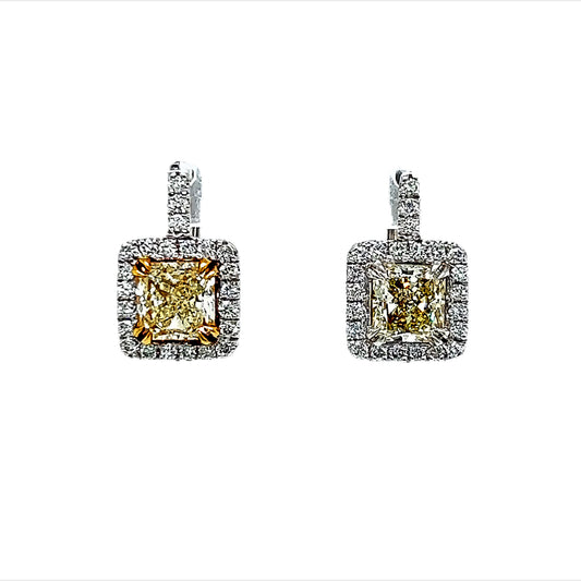 Pendientes de diamantes amarillos elegantes de talla radiante 2,05 de 18 k Twt