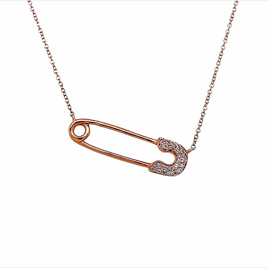 14K RG 0.11 RD TCW SAFETY PIN NECKLACE