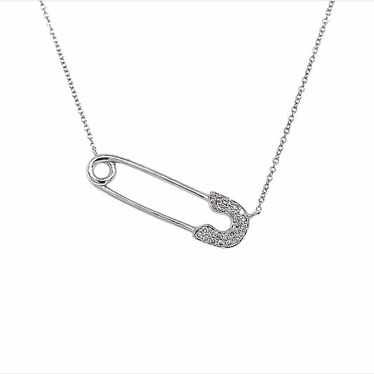 14K WG 0.12 RD TCW SFETY PIN NECKLACE