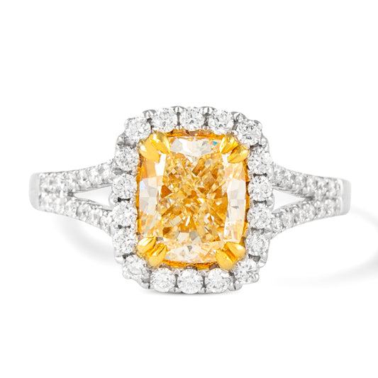 18k Twt 2.01 Radiant Fancy Intense Yellow Halo Ring