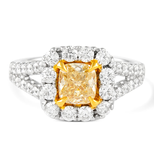 Anillo con halo amarillo intenso elegante de cojín de 18 k Twt 1.01