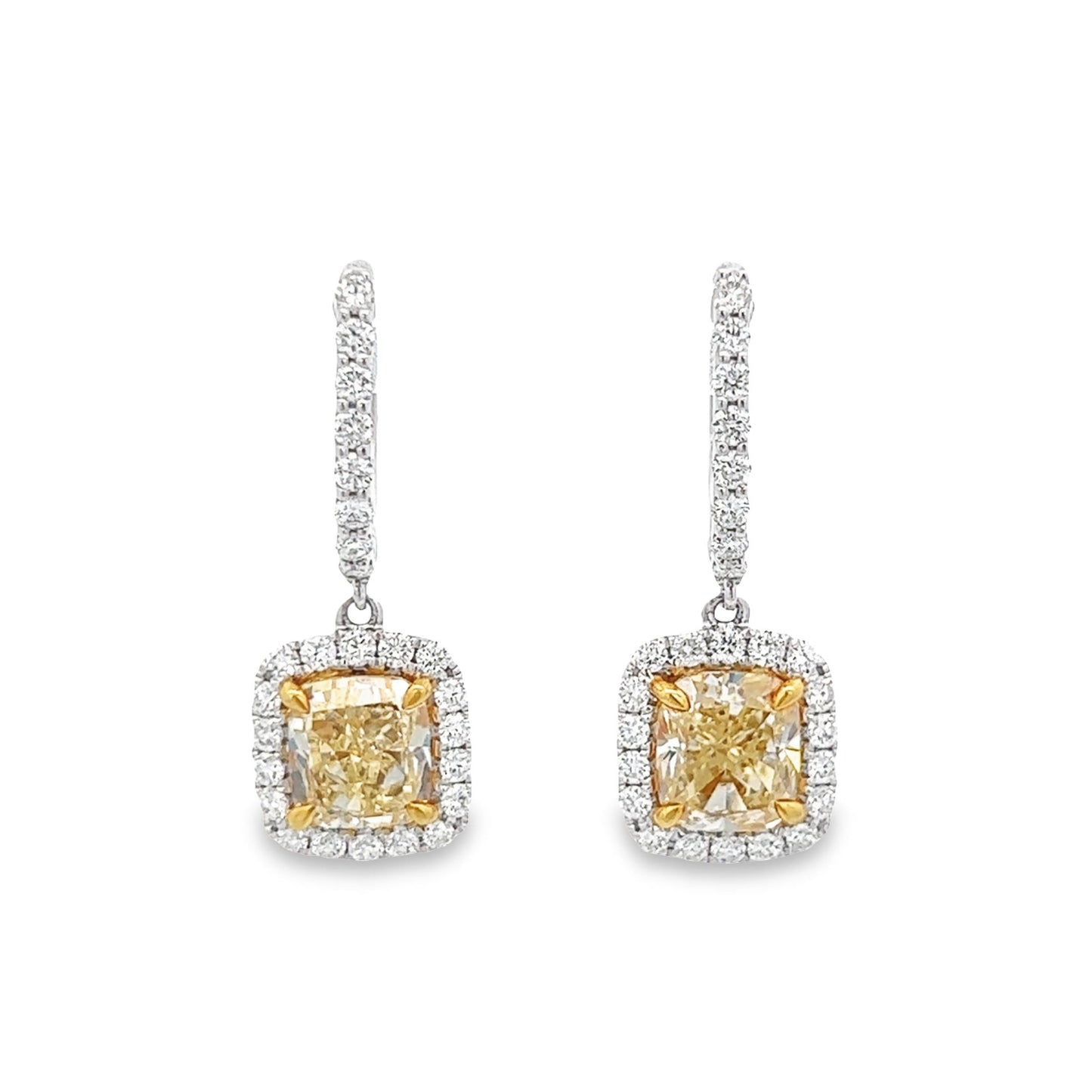 4.04 Cts Cushion Cut Natural Fancy Light Yellow Diamond Earrings