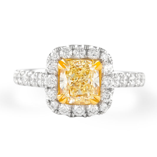 18k Tcw 1.27 Cushion Fancy Yellow Halo Ring