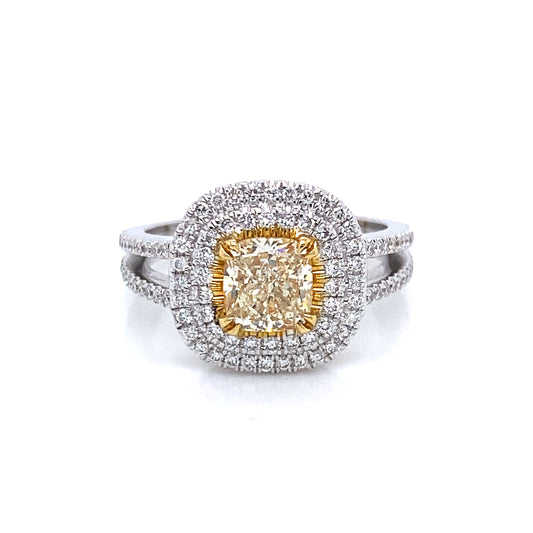 Anillo con halo amarillo elegante de cojín de 18 k Twt 1,06