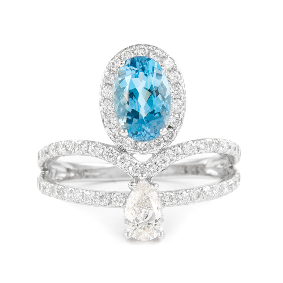 1.08 Cts Oval Aquamarine & Pear Shape Diamond Ring