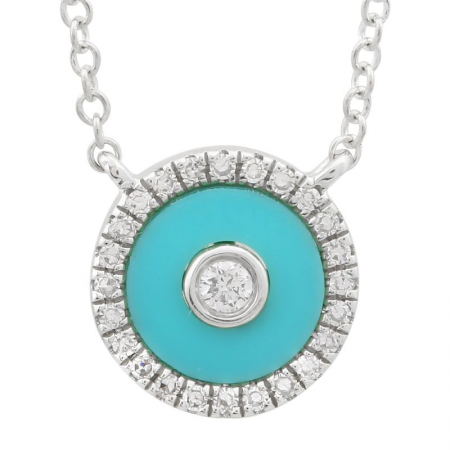 14k White Gold  Circle Gemstone Turquoise & Diamonds Necklace