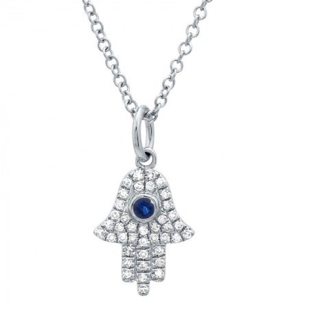 14k Gold Diamond Sapphire Hamsa Hand Pendant With Chain